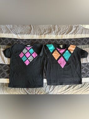 Vintage 80s Black Short-Sleeve Tees with Pink, Teal & Orange Diamond Design